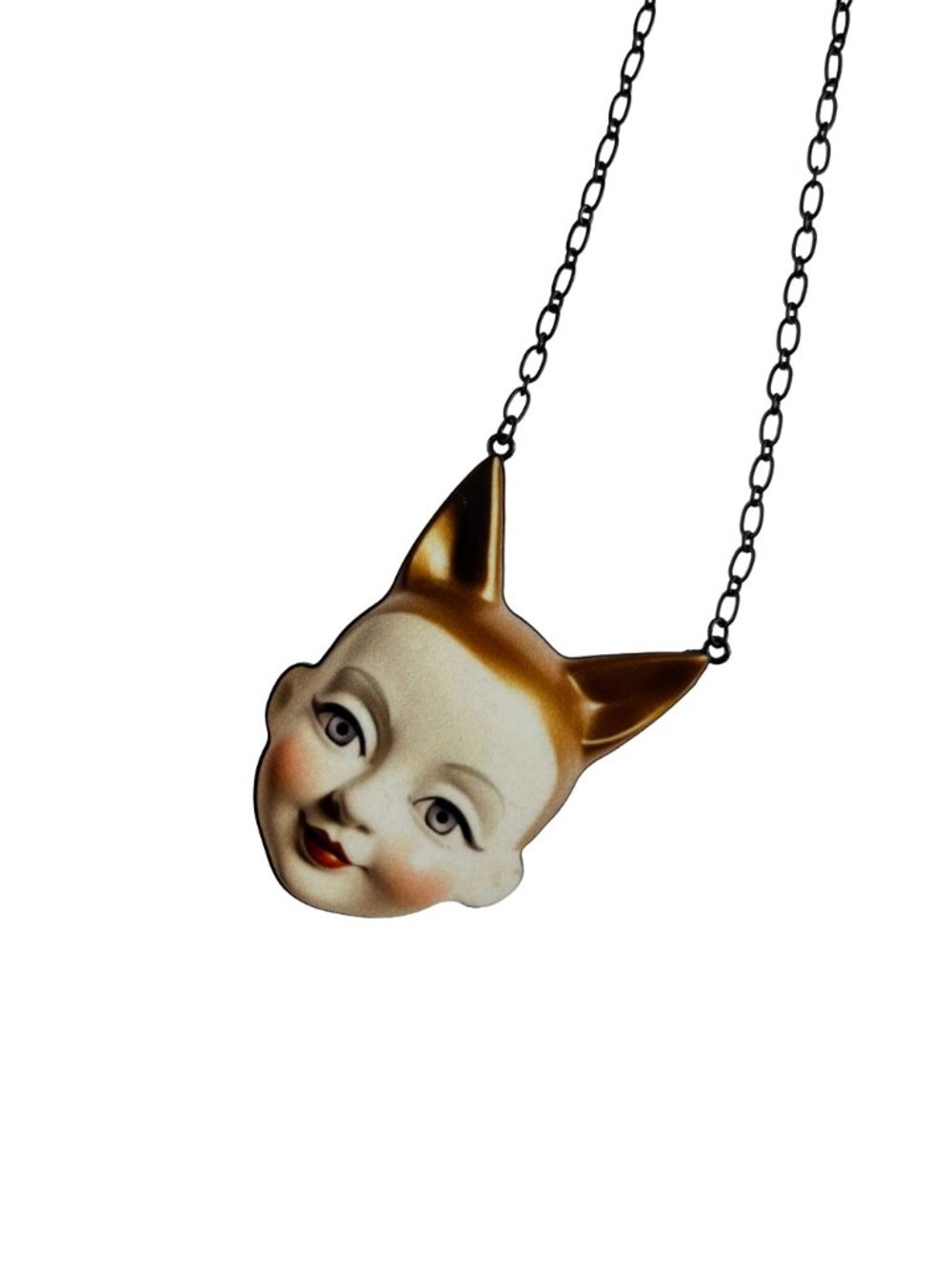Vintage Style Cat Doll Face Golden Ears Statement Necklace – Black Chain